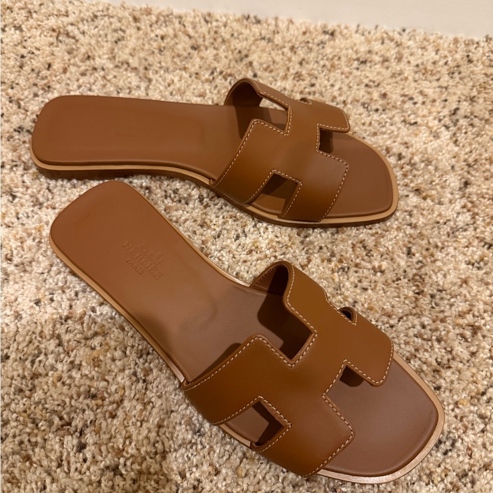 Hermes Tan Brown Oran H Slide Leather Sandals